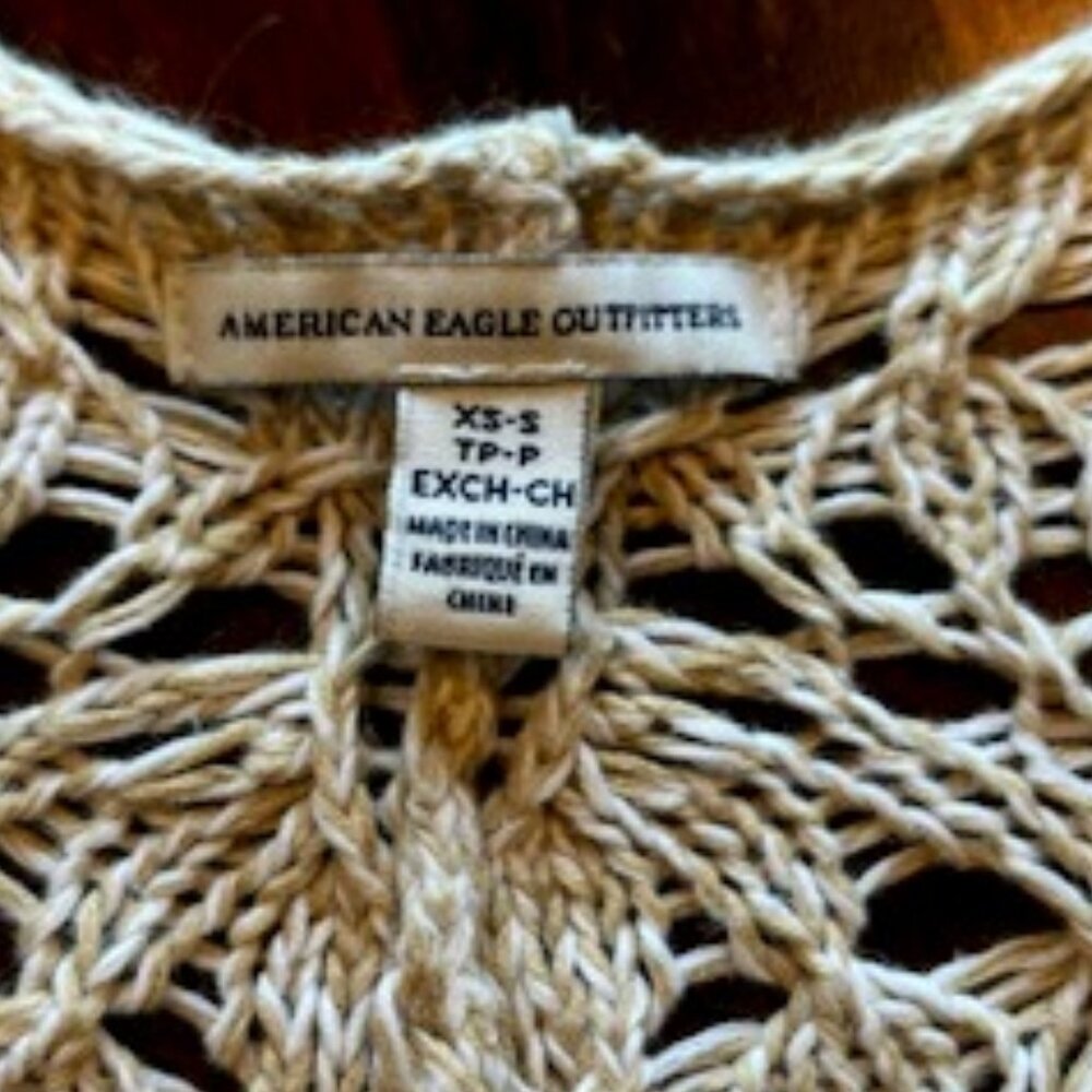 American Eagle-Short Sleeve Tan Knit Sweater Jacket Fringe SZ. XS/S - Picture 4 of 11